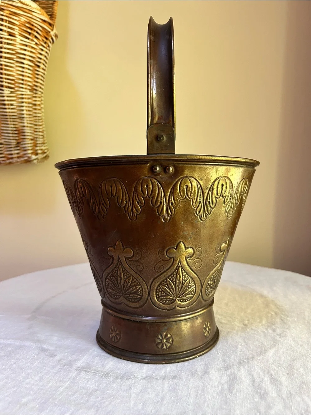 Vintage Mid-Century Embossed Brass Coal Bucket